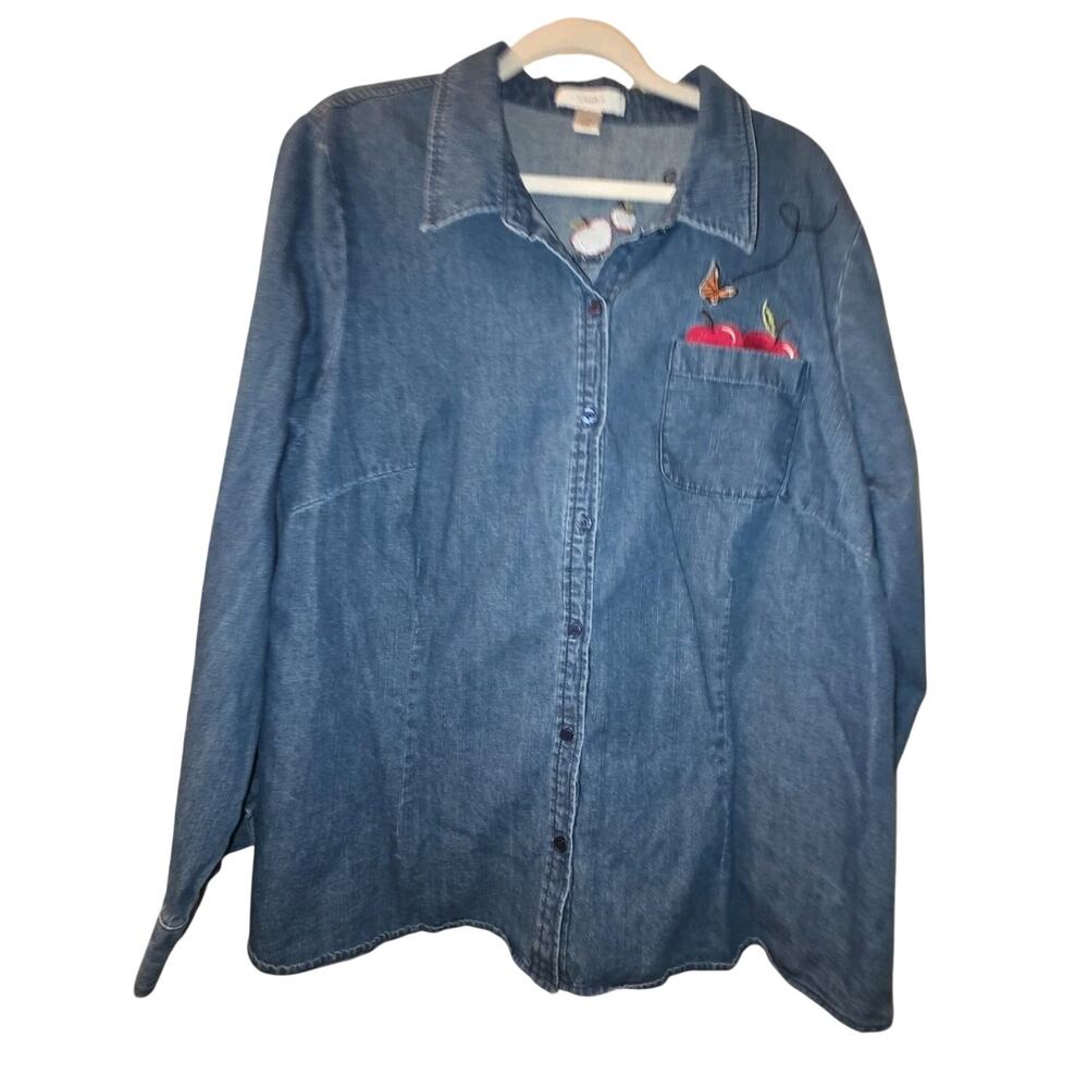 Vtg 90s Denim Apple Butterfly Embroidered Button Up Teachers Shirt Size 2X